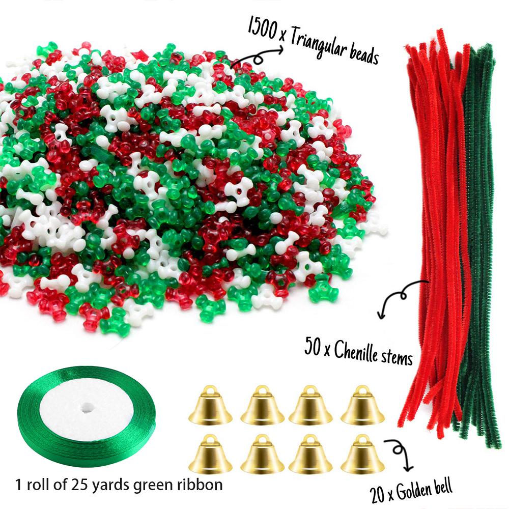 

Christmas Beads Wreath Cane Ornament Kit, 1500 Pieces Triangle Beads, 50 Pieces Chenille Stems,for Xmas Craft Wreath Tree Decor
