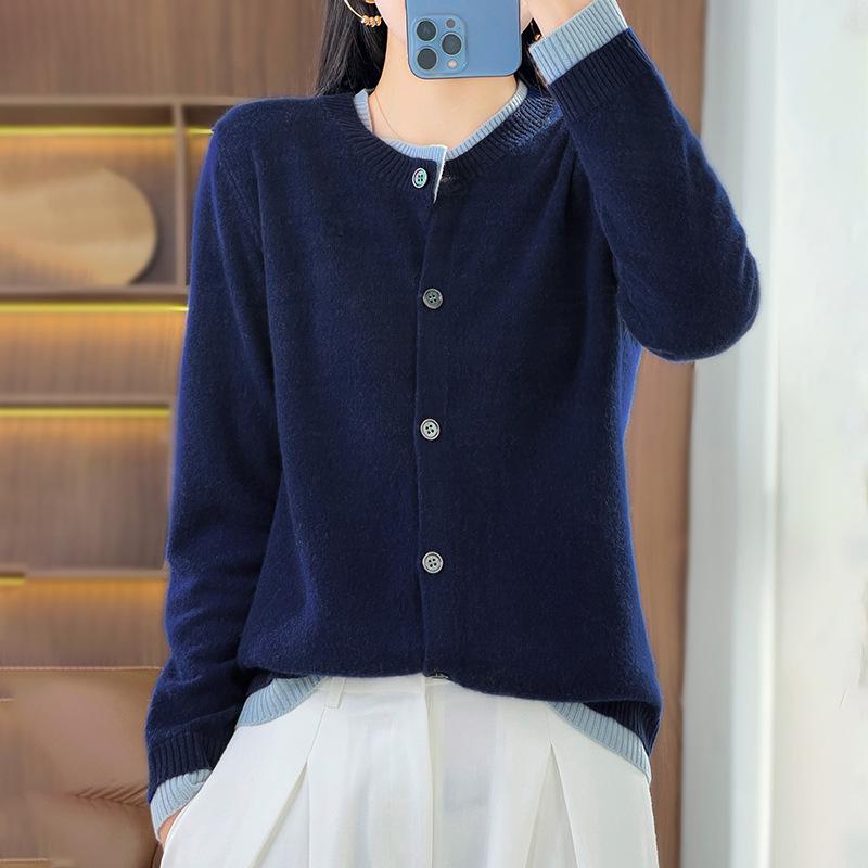 

Вязаный кардиган контрастного цвета, имитирующий двойку, женский осенне-зимний, новый, с круглым вырезом, омолаживающий свитер-жакет, однобортный топ S тёмно-синий