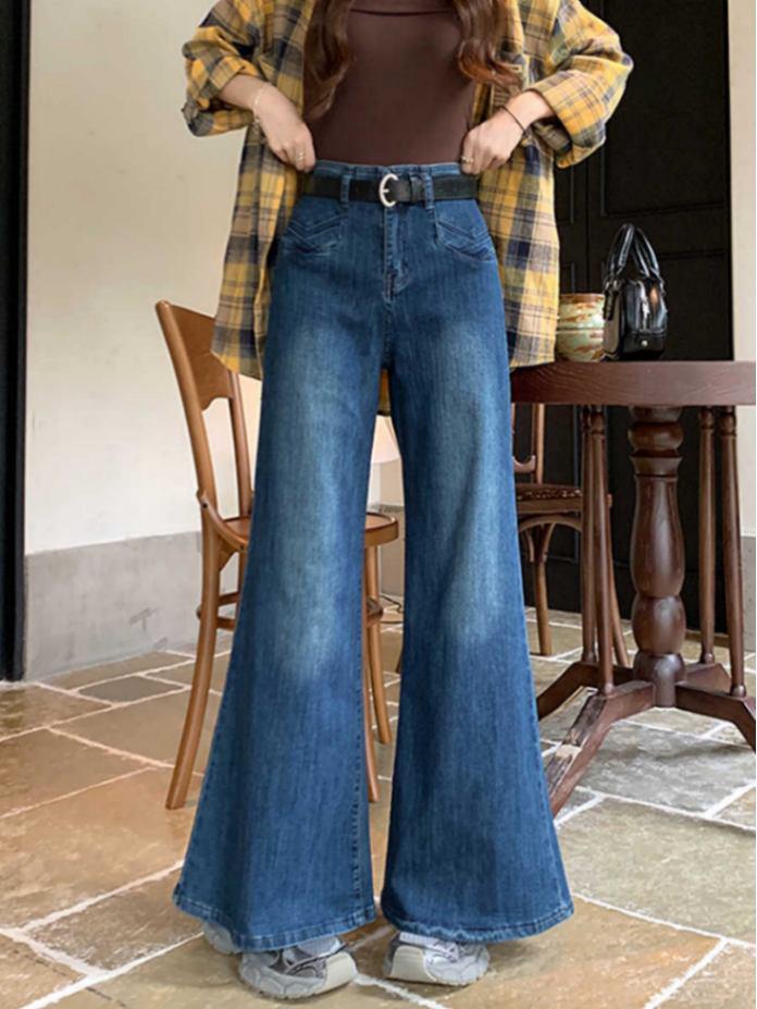 

Ретро расклешенные джинсы больших размеров для женщин - С высокой посадкой, Слимфит, Широкие штанины, Длина в пол M