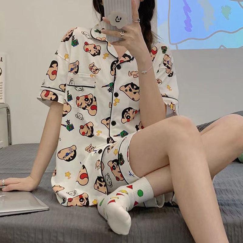 "Crayon Shin-chan" Large Size Women's Pajamas Women's Summer Short Sleeve Japanese Student Cartoon Cute Loungewear Set