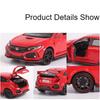 1:32 Accord Civic Alloy Car Model Toy Sound Light Pull Back Shock Absorption Free Wheeling Vehicle Models Kids Christmas Gifts
