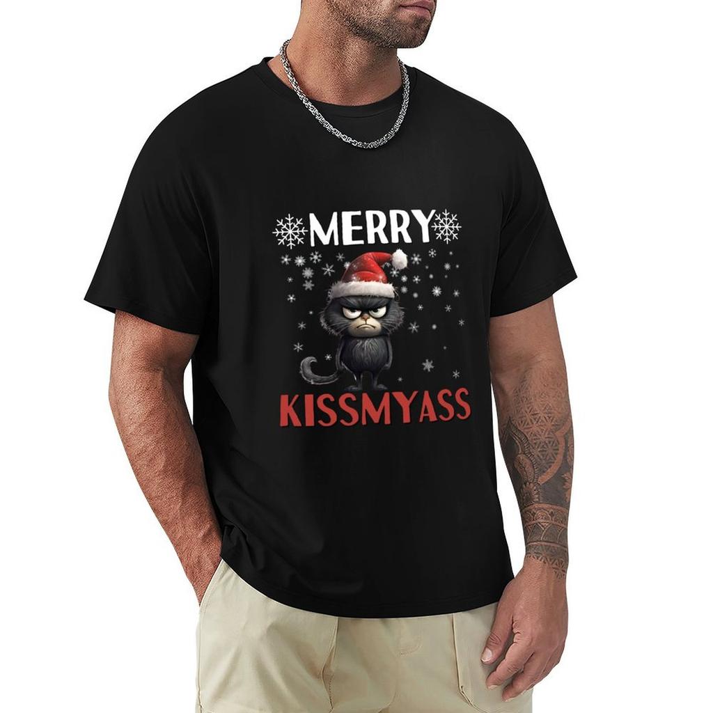 Merry Kissmyass Funny Cat T-Shirt Man Clothes Blue Archive Mens Big and Tall T Shirts