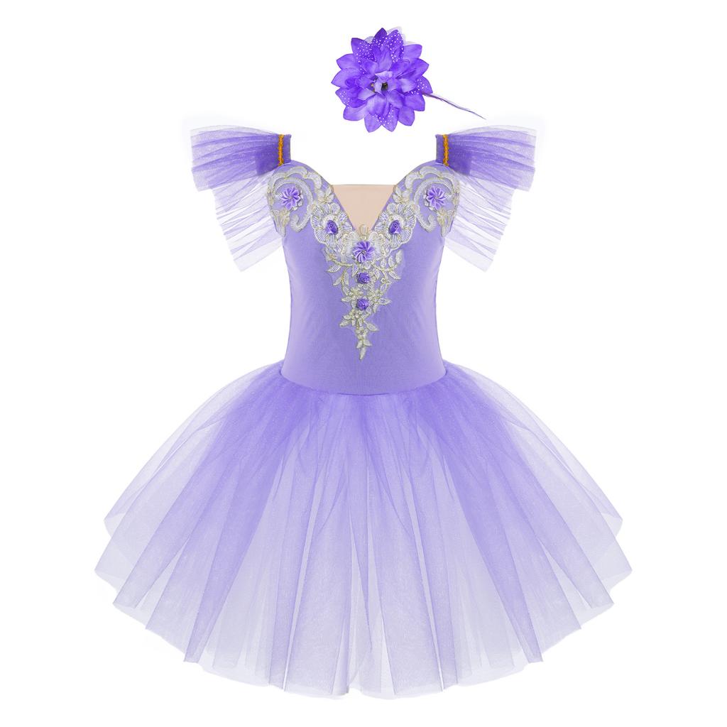 Girls Princess Tutu Dress with Flying Sleeves & Lace Flower Decor, Adjustable Spaghetti Straps, Mesh Skirt + Headdress for Dance Party