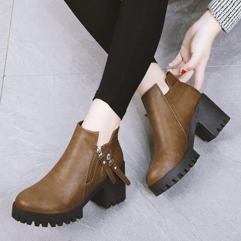 Autumn Winter Thick Heel Women's Ankle Boots Anti-slip Ladies Casual Footwear British Style Platform Side Zipper High Heel Shoes