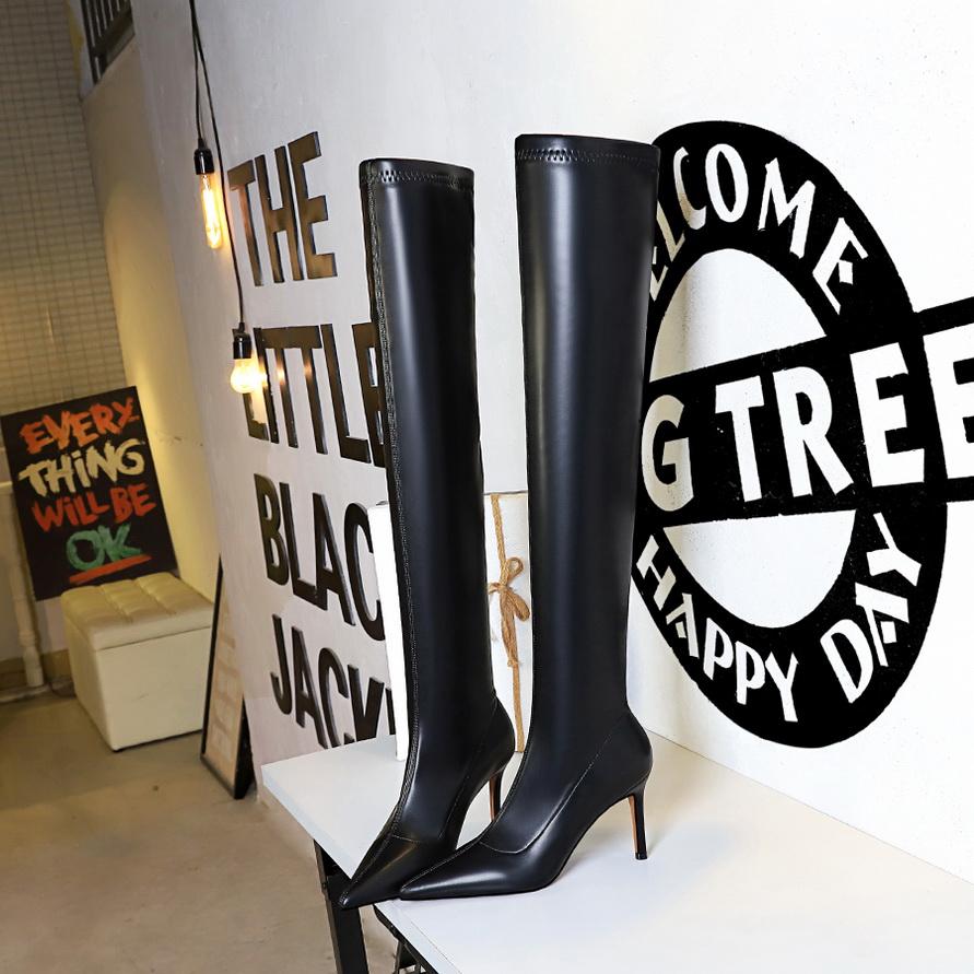 Bigtree Shoes Stiletto Sexy Over-The-Knee Boots Black Leather Boots Sexy Thin High Heel Boots Winter Long Boots Plus Size 43