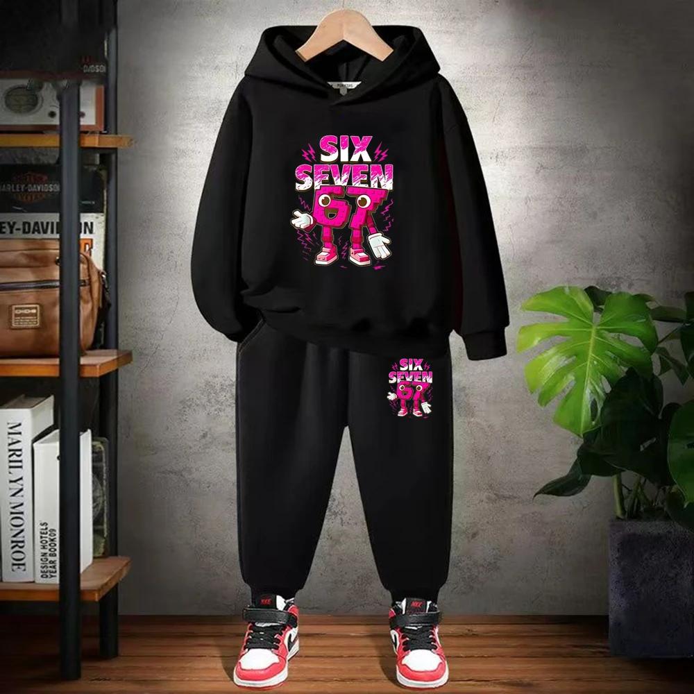 Children From 3 To 12 Years Old 67 Printed Hooded Sweatshirt and Black Top and Pants Suit, Suitable for Girls and Boys