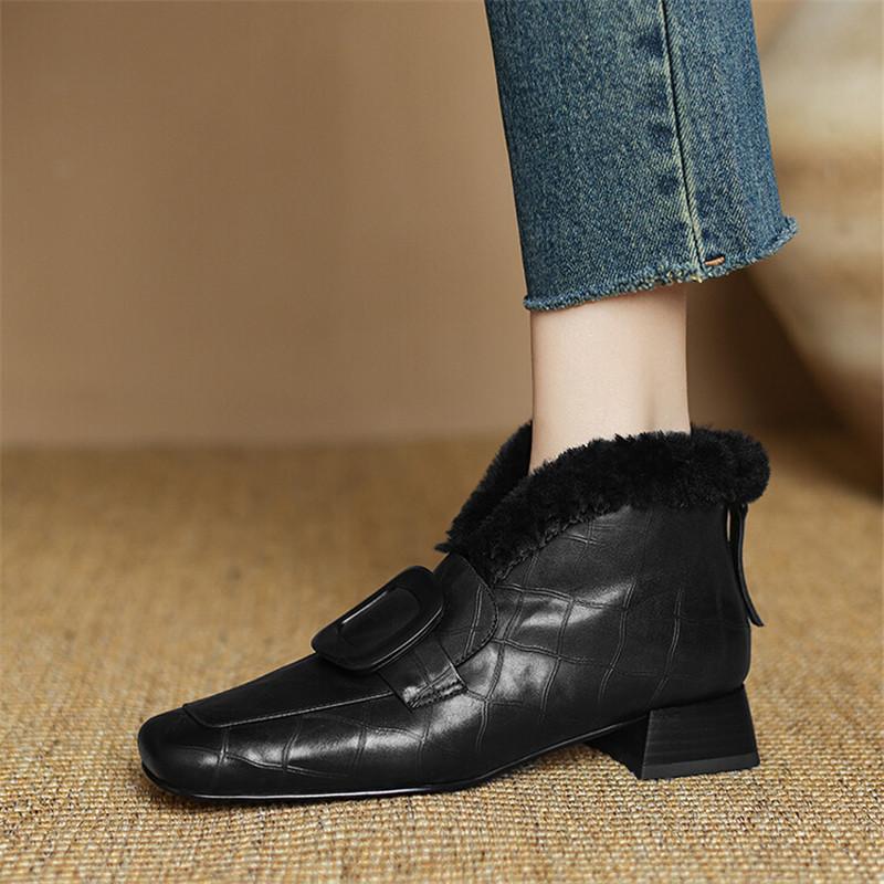 Fashion New Winter Genuine Leather Women Boots Shoes for Women Ankle Boot Square Toe Women Shoes Botines Mujer Low Heels Warm Wool Boot