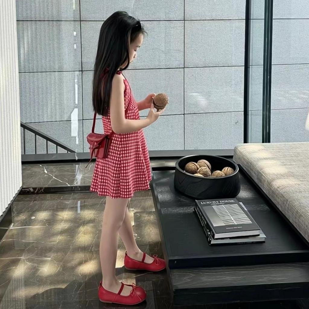 Summer Girls Plaid Spaghetti Strap Dress Kids Fashionable Princess Sundress Baby Chic Sleeveless Party Gown