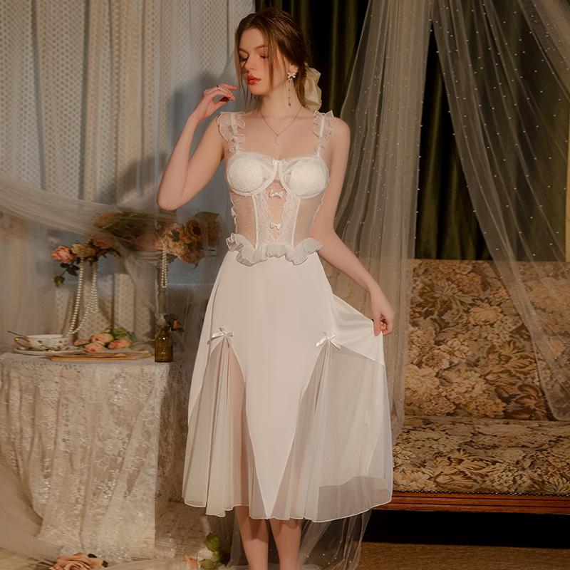 Lenjerie de corp de damă Toamnă Cămașă de noapte din satin și plasă cu cupă pentru piept Culoare uni Până la jumătatea gambei Set halat cu bretele