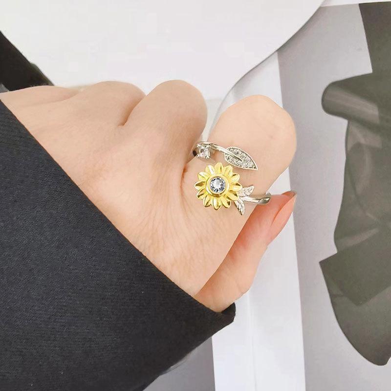 Offener Ring mit Zirkonia-Blume, Damen-Design, Nischenring, zweifarbig, Sonnenblume, doppelte Kamelie, personalisierbar, vielseitig verstellbar, Windmühlenring, Schmuck