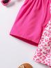 3-Piece Girls' Casual Set: Pink Leopard Romper, Colorful Striped Shorts, Bow, and Suspenders
