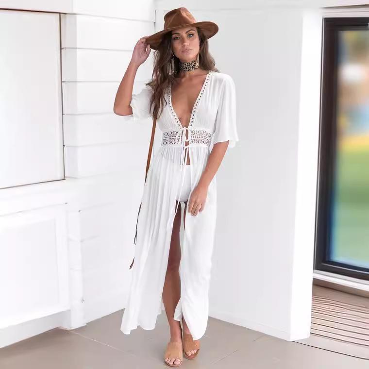 Women's Lace Patchwork Lace-up Long Shawl Cardigan for Bikini