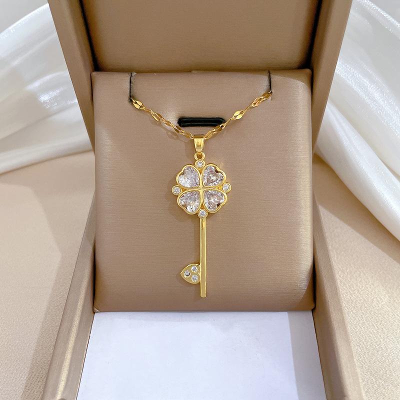 Flower Key Light Luxury Temperament Gorgeous Full Diamond Necklace Female Versatile Collarbone Chain Titanium Steel Chain
