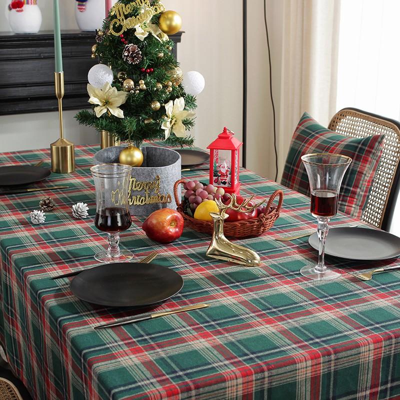 Rustic American Vintage Christmas Plaid Tablecloth Cotton Linen Blend Dining Table Cover Slip Resistant Decorative