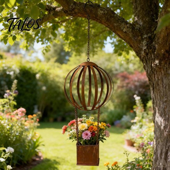 Modern Garden Planter Vintage Hot Air Balloon Iron Planter, Rusted Patina Hanging Flower Pot Decorative Metal Yard Art for Garden, Rustproof