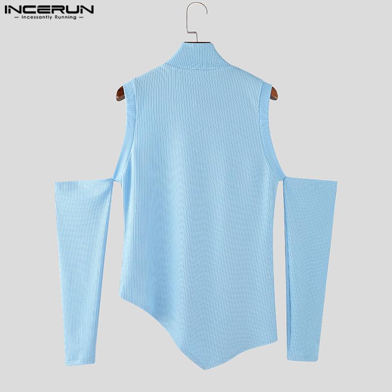 INCERUN Maglietta casual attillata irregolare con collo alto e spalle scoperte da uomo, con cerniera