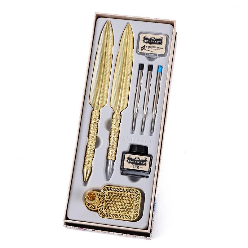 Vintage Gold Feather Fountain Pen Set - British Style Creative Christmas Gift