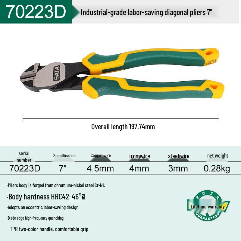 SATA 70221D, 70222D, 70223D Electrician's Tools: Combination, Long Nose, and Diagonal Cutting Pliers with Wire Cutters.