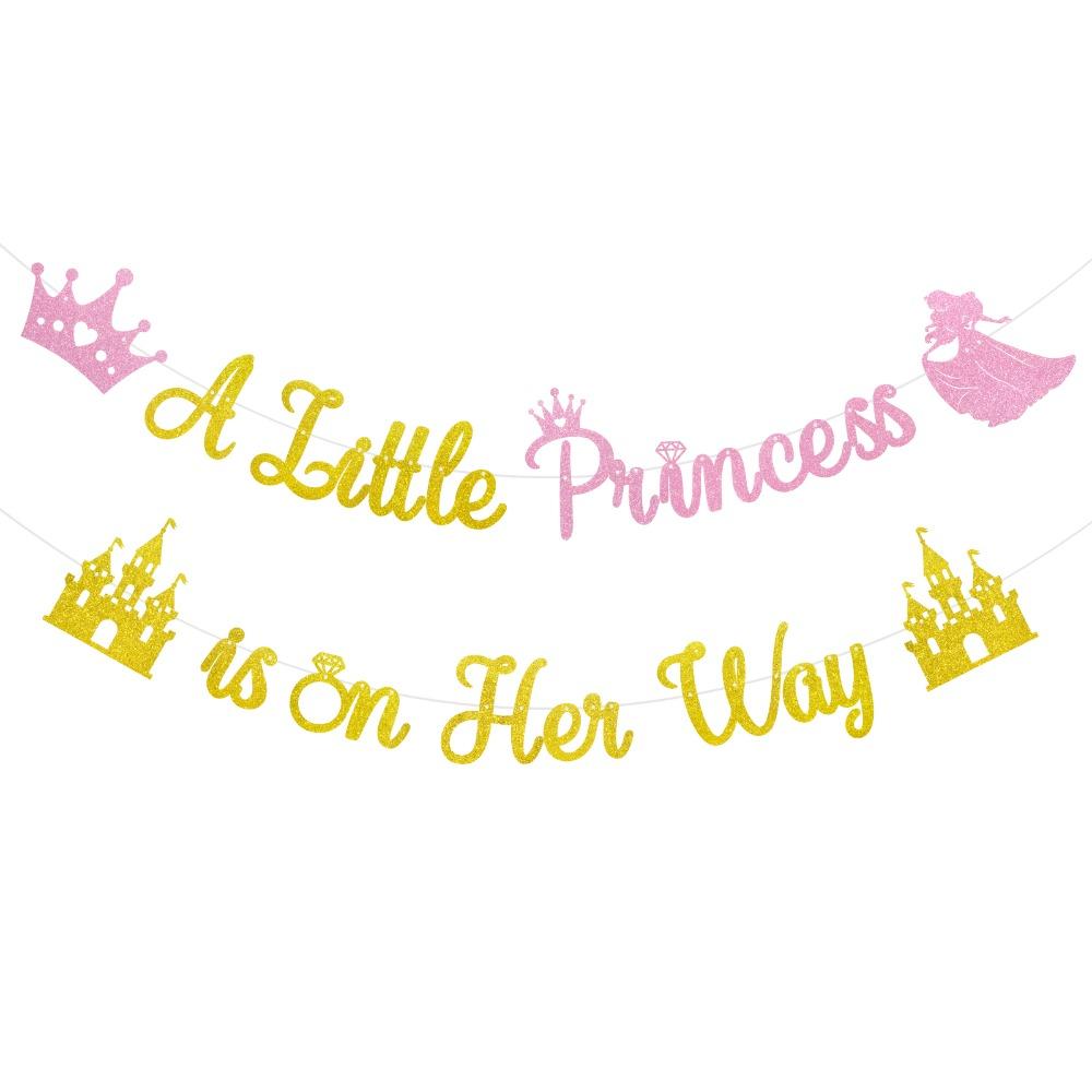 

2 Strings A Little Princess Banner Pink Gold Glitter Castle Crown Theme Princess Banner Pre-Strung Princess Party Decor
