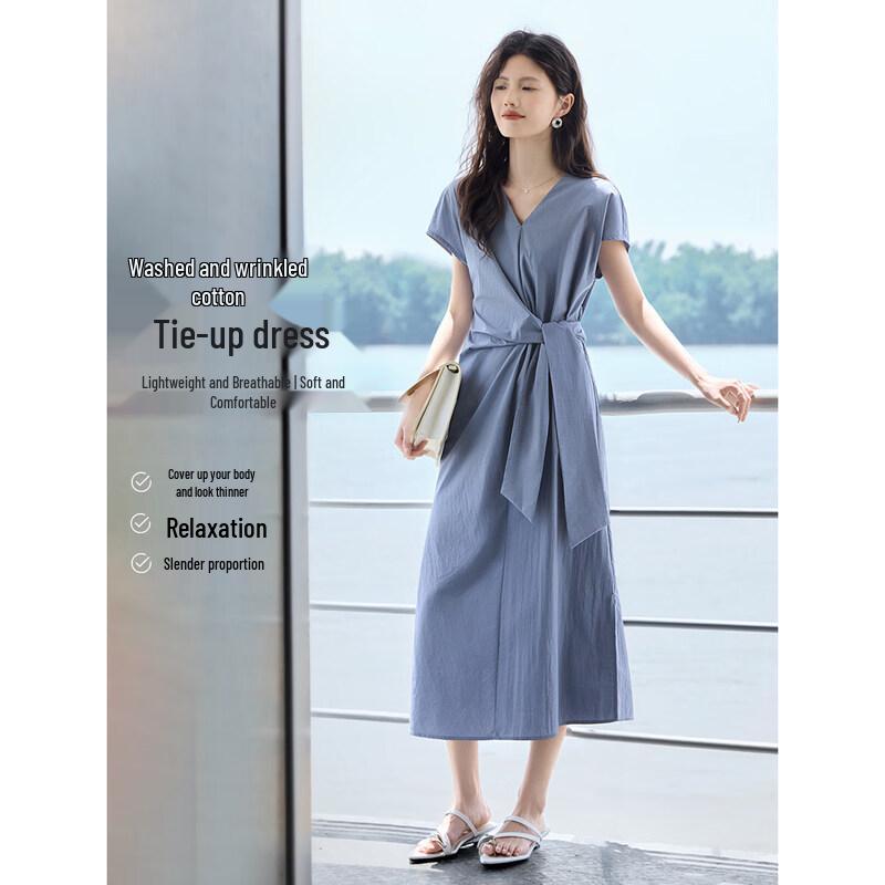 XWI Women s Washed Cotton V-neck A-line Tie-Waist Midi Dress L серо-синий