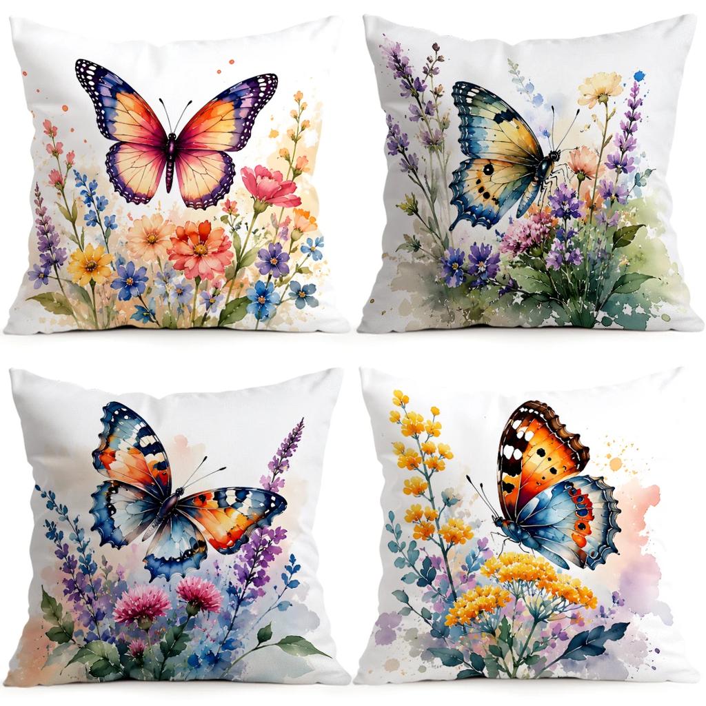 Watercolor Butterfly Flower Cluster Cushions Pillowcase Polyester Cushion Cover Throw Pillow Pillowcover Home Car Sofa Decor