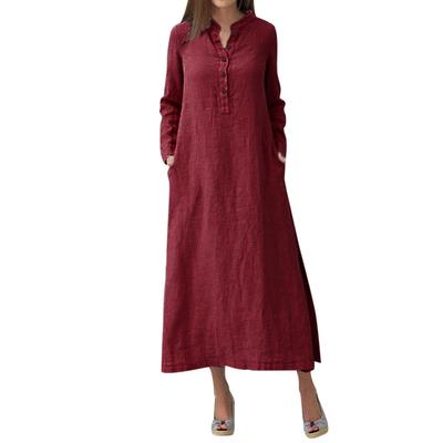 Women's Long Sleeved Solid Color Casual Maxi Long Shirt Pullover Dresses