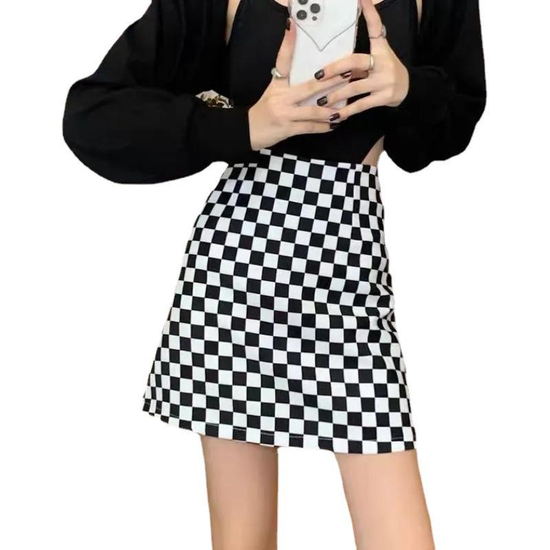 2023 Autumn Women's Checkerboard Midi Skirt - High-Waisted, Hip-Hugging Design