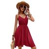 2026 V-neck Faux Button Spaghetti Strap Dress - Women's European & American Style with Lace Detailing, Comfortable & Casual
