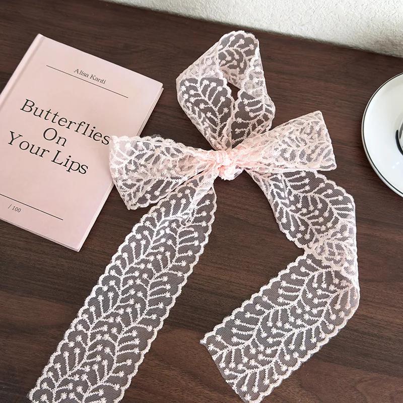 Różowe Koronkowe Kwiaty Długi Pasek Jedwabna Chustka Opaski Kokarda Gumka do Włosów Damska Dziewczęca Słodka Wiązana Turban Wstążka Nakrycie Głowy Moda