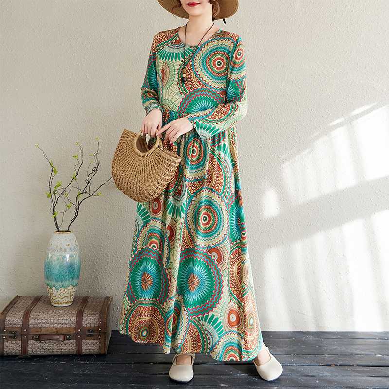 

Летние винтажные длинные платья для путешествий с круглым вырезом, закрывающие тело L зелёный