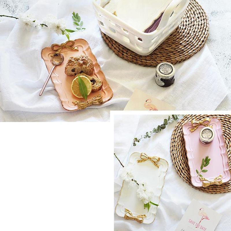 Promotion! European Style Pink Bow Cake Storage Trays Makeup Organizer Dessert Plate Square Decor Tray Kitchen Storage Trays