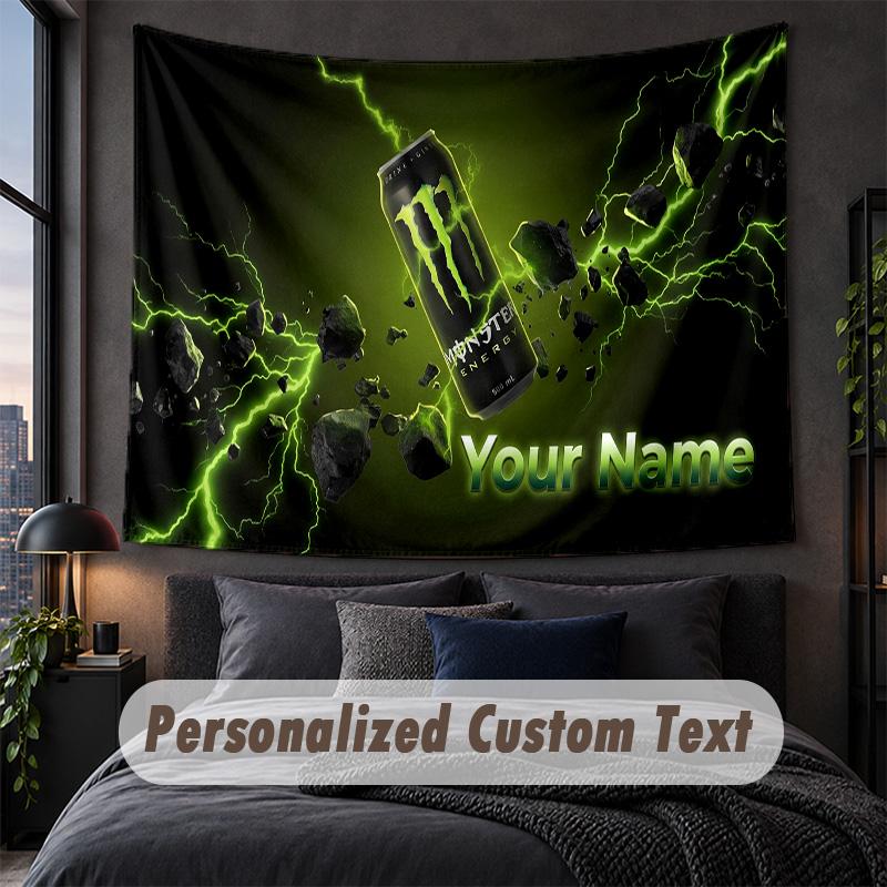 Tapiz Decorativo de Pared con Texto de Nombre Personalizado, Tapiz Decorativo Monster Energy, Tapiz de Fondo Para Hogar Dormitorio