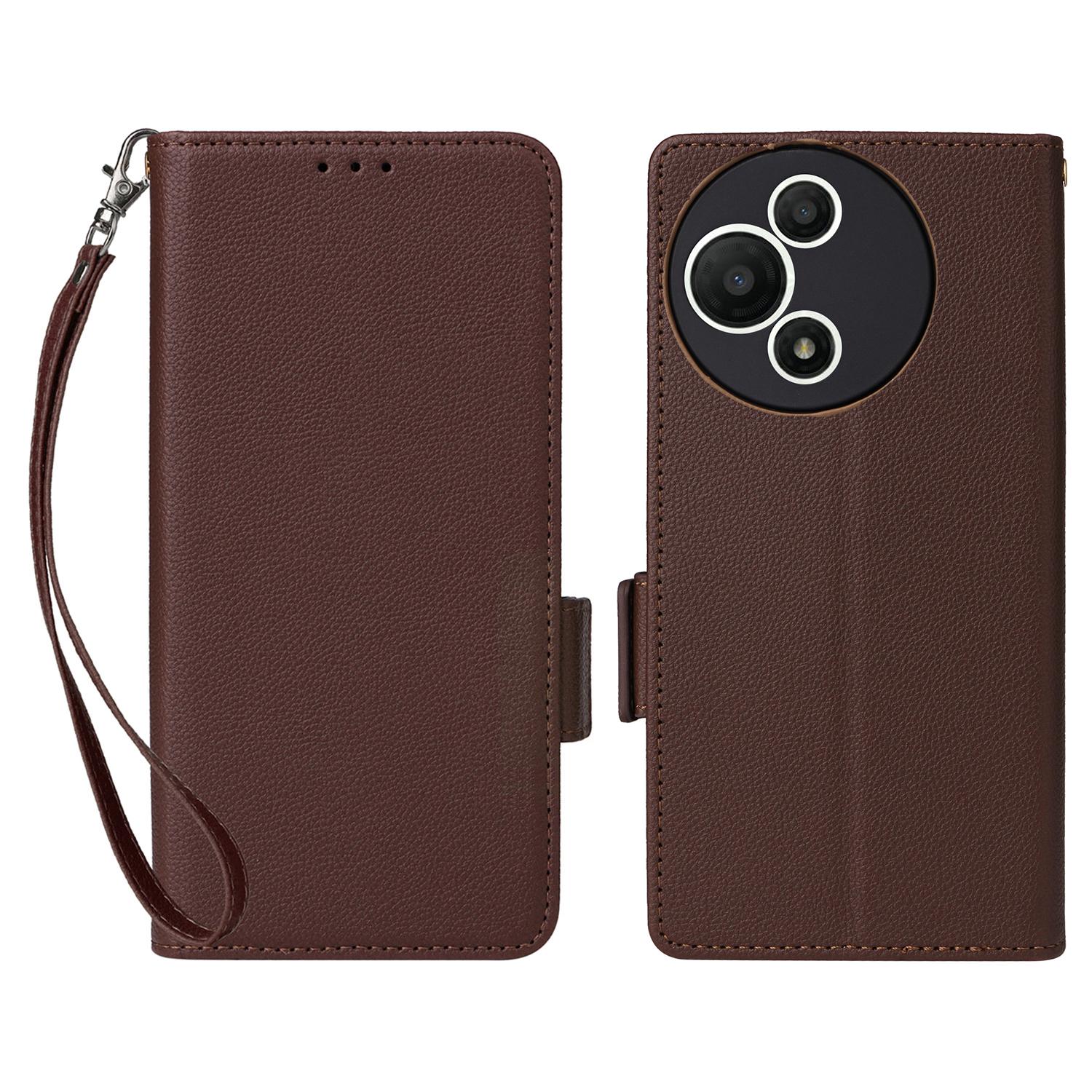 

Чехол для TCL 60 SE NxtPaper 5G с ремешком на запястье, текстура личи, кошелек из искусственной кожи, чехол для телефона Brown