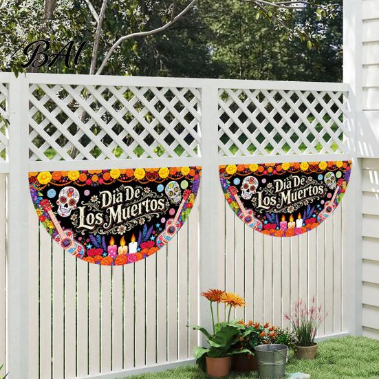 Sugar Skull Fan Flag Day of The Dead Bunting Banner, Marigold Print Fiesta Mexican Festival Home Ornament Hanging Flag, Colorful Outdoor Yard