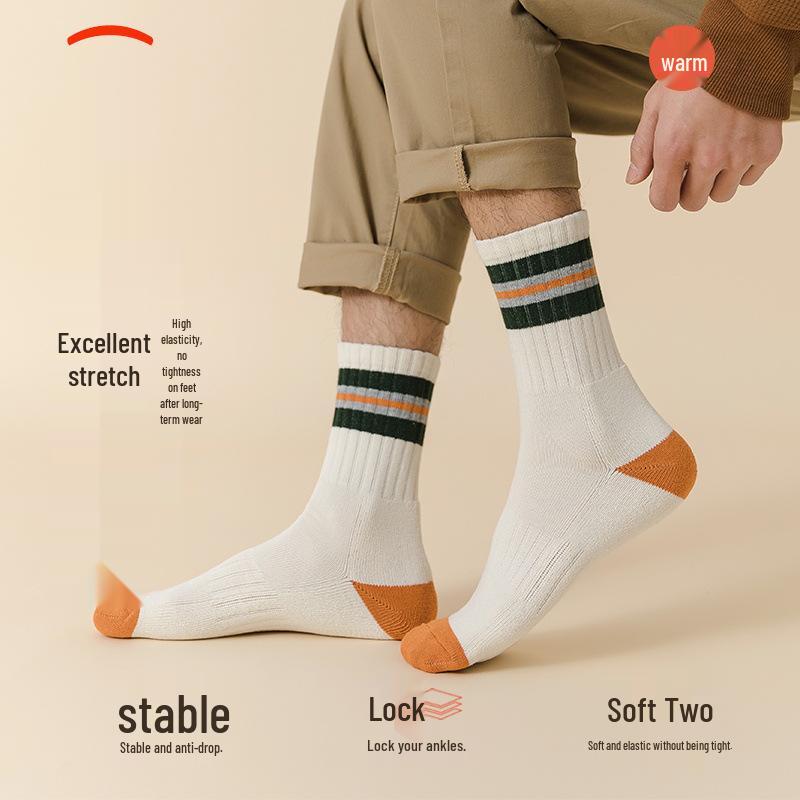 Men's Thick Mid-Calf Winter Socks - Fleece-Lined, Warm, Odor-Resistant, Striped Sports Style.