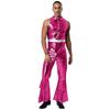 Mens 70s Jumpsuit Shiny Metallic Lapel Collar Sleeveless High Waist Flared Pants Disco Dance Singer Outfit
