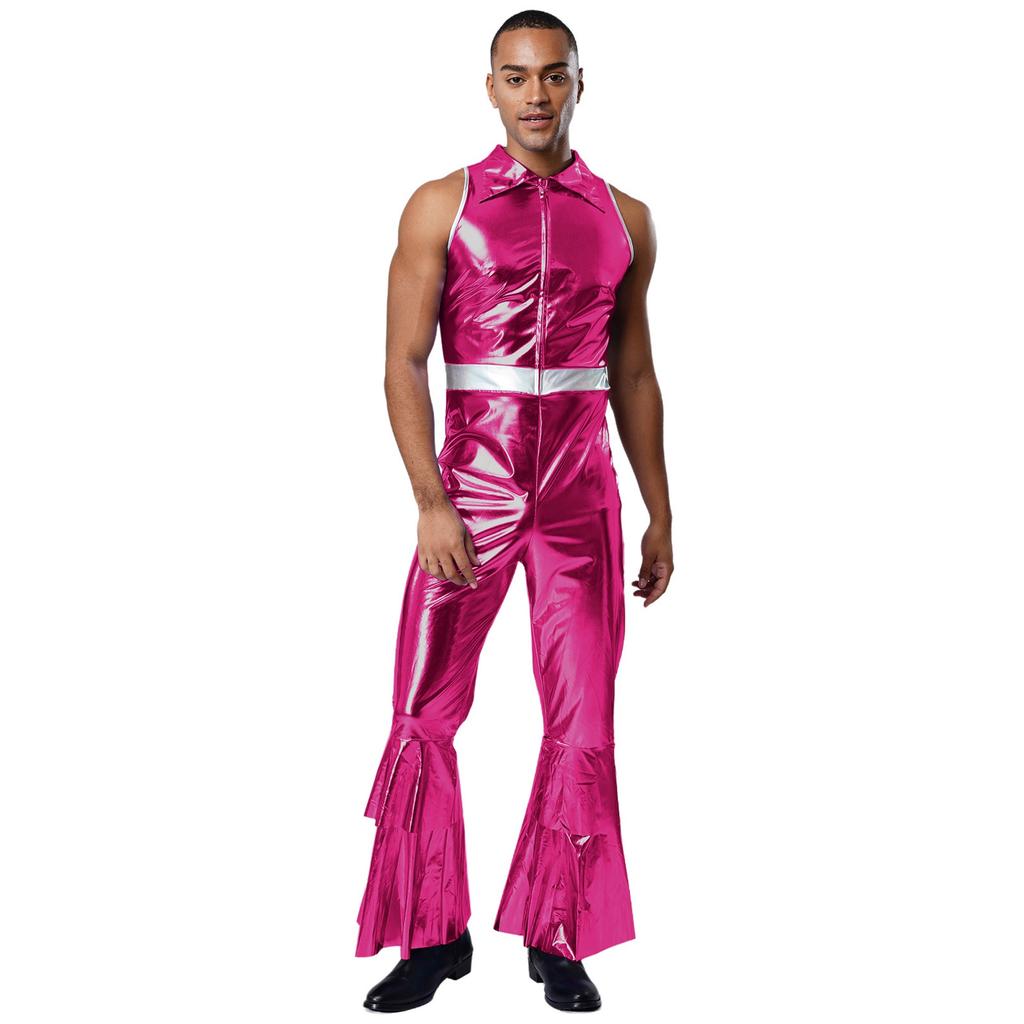 Mens 70s Jumpsuit Shiny Metallic Lapel Collar Sleeveless High Waist Flared Pants Disco Dance Singer Outfit