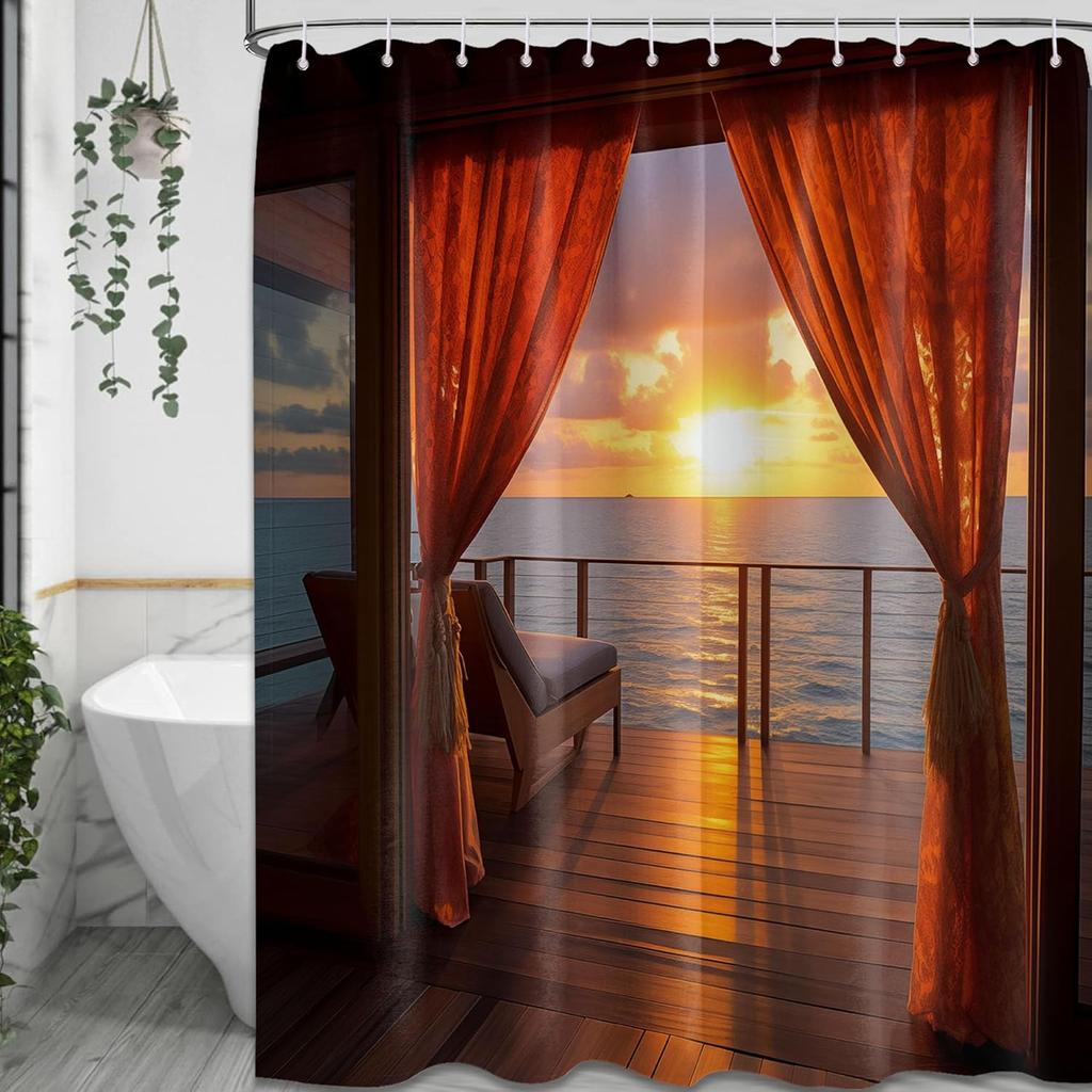 Summer Beach Theme Shower Curtain Beachy Coastal Palm Pattern Ocean Tropical Scenic Nature for Bathroom,Decorative Waterproof