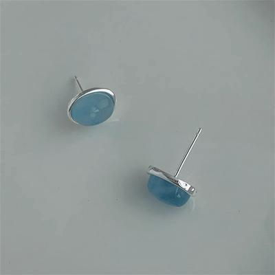 Simple Oval Aquamarine Stud Earrings S925 Sterling Silver Cold Wind Earrings Niche Earrings