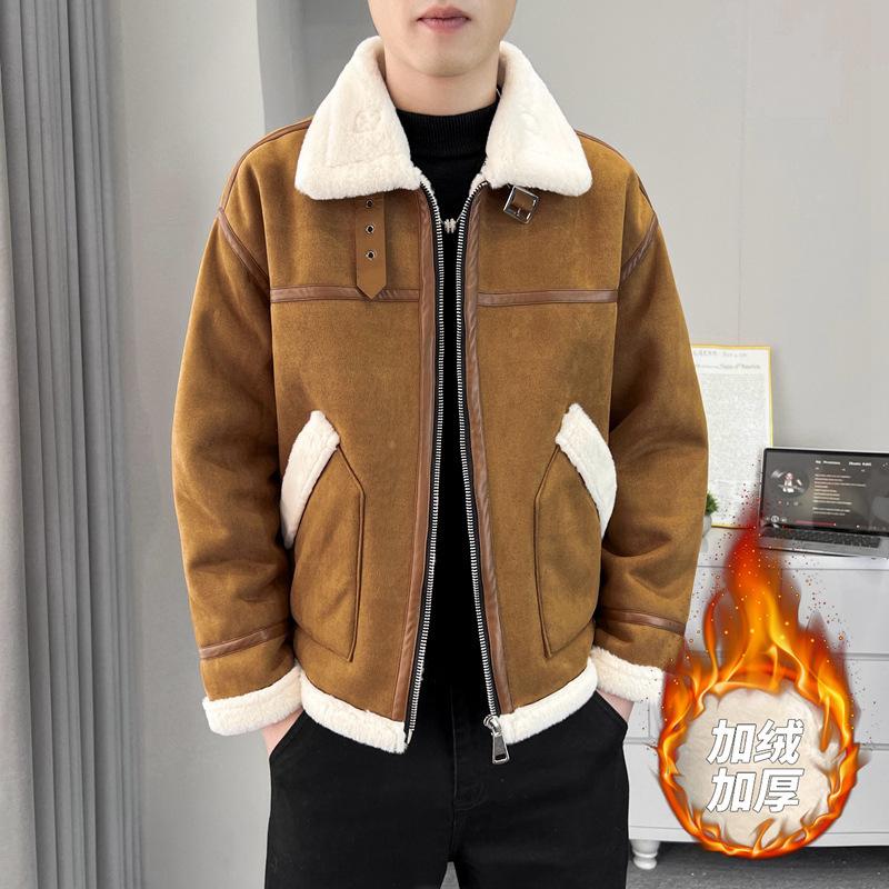 2025 Fall/Winter Fashion Versatile Fleece Thickened Fake Two Couple Embroidered Jackets Cargo Tops New Lapel Trendy Padded Clothes