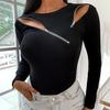 Fashion Women Sexy Strapless Slim Long Sleeve O Neck Zipper Blouse Top T-Shirt