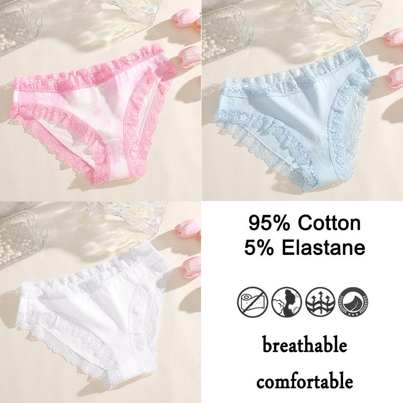 FINETOO 3PCS/SET Women Cotton Printing Panties Seamless Lace Panties Low Rise Briefs Comfortable Sexy Lingerie Intimates Panties