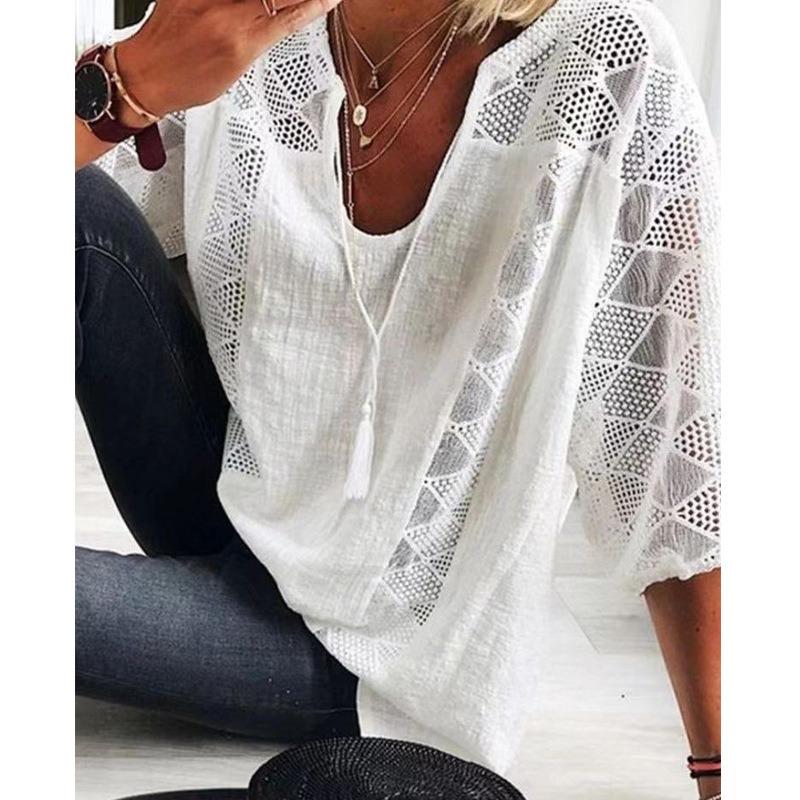 Women S Lace Spliced U Neck 3 4 Sleeve Blouse