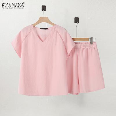 Women Vintage Casual Solid Color V-Neck Short Sleeve Elastic Waist Suit Sets