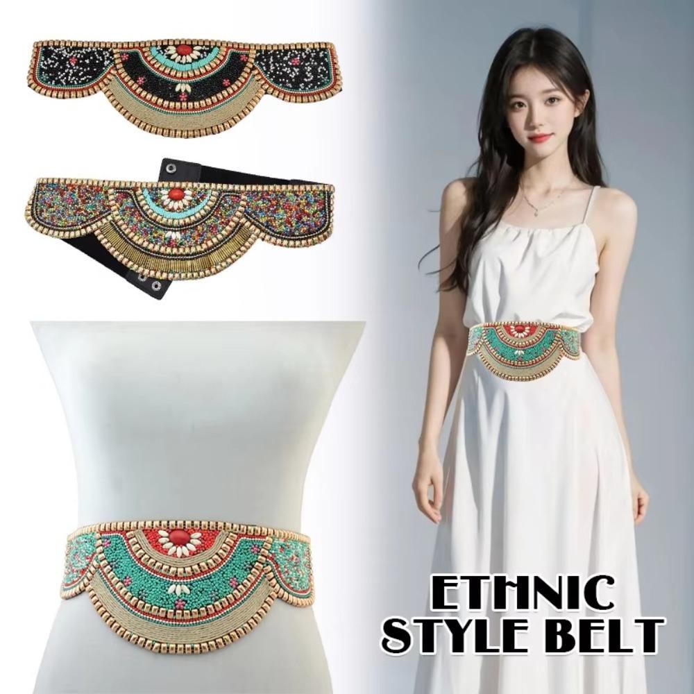 Adjustable Bohemian Women Belt Shining Ethnic Beaded Waistband  Body Jewelry for Holiday
