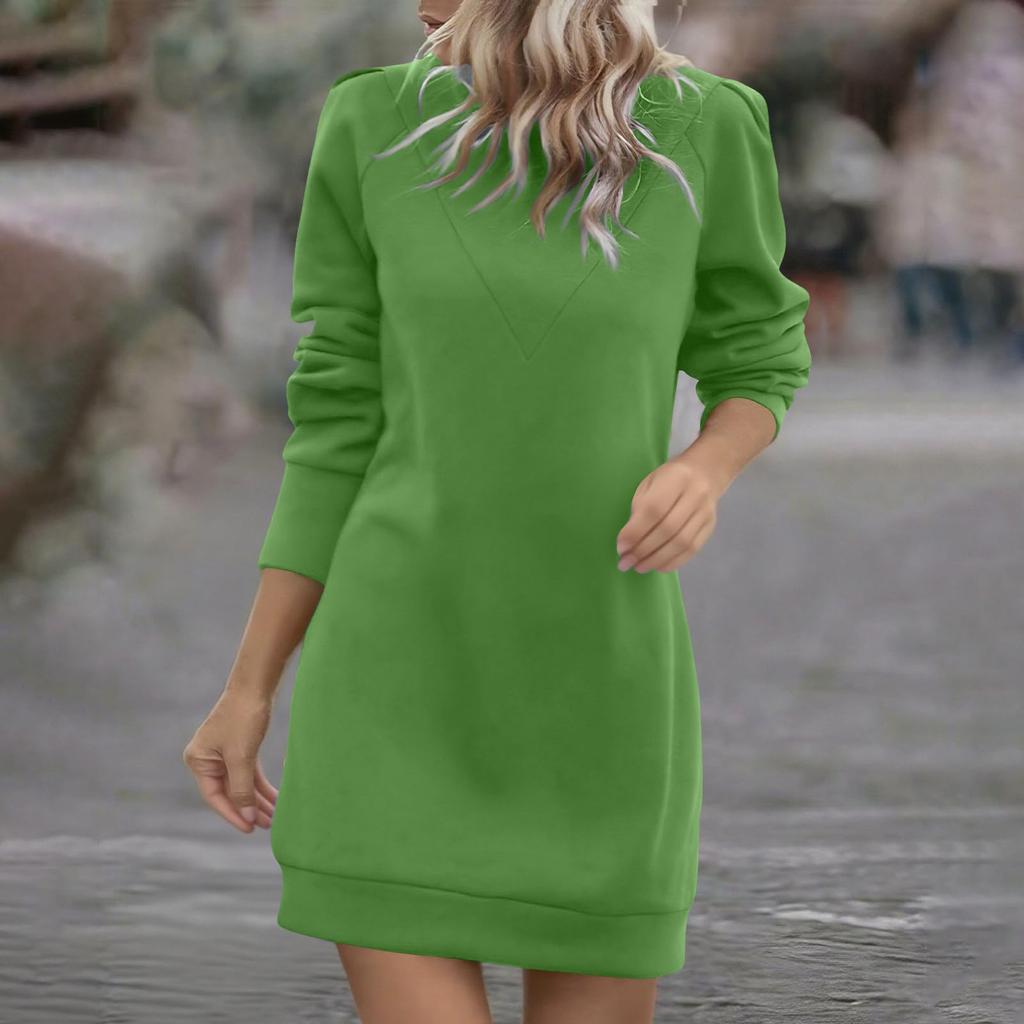 Women's Casual Fleece Lined Round Neck Long Sleeve Solid Color Dress