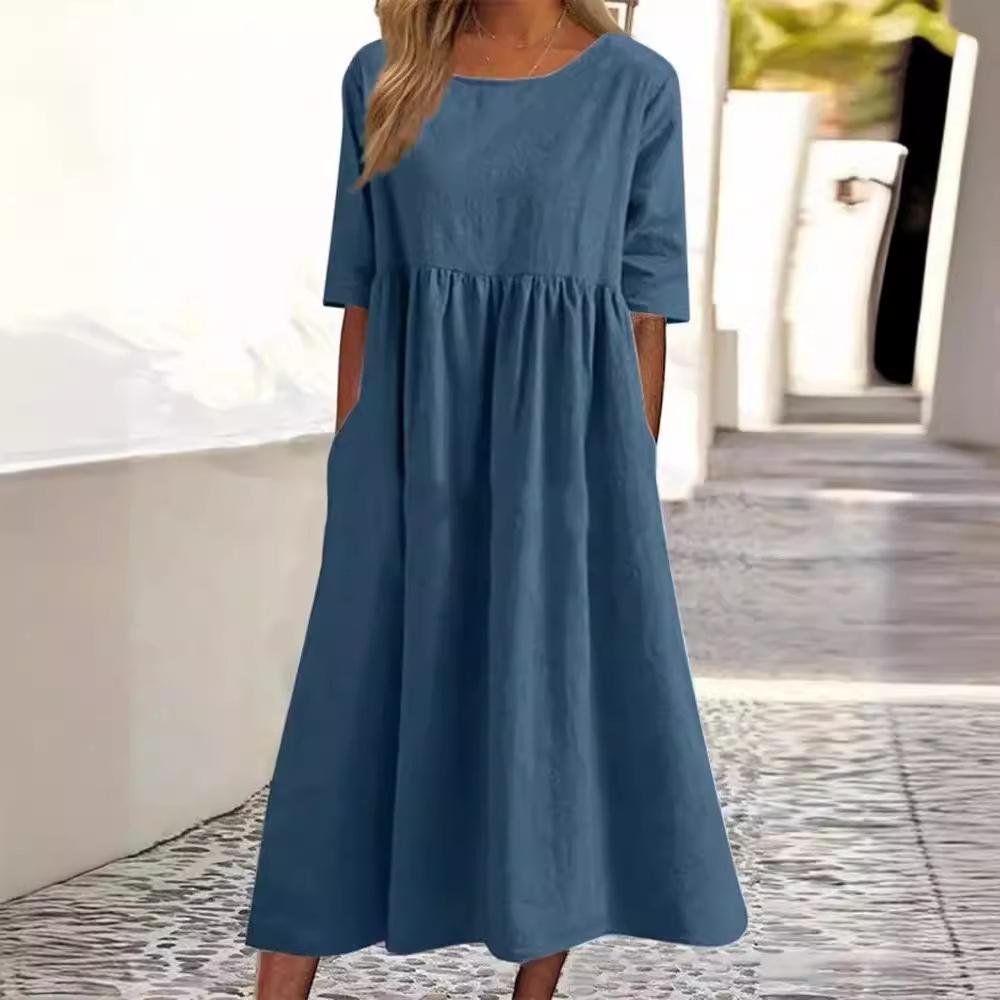 Women's Round Neck 3/4 Sleeve Linen Cotton Loose Midi Dress With Side Pockets Casual Swing Dress