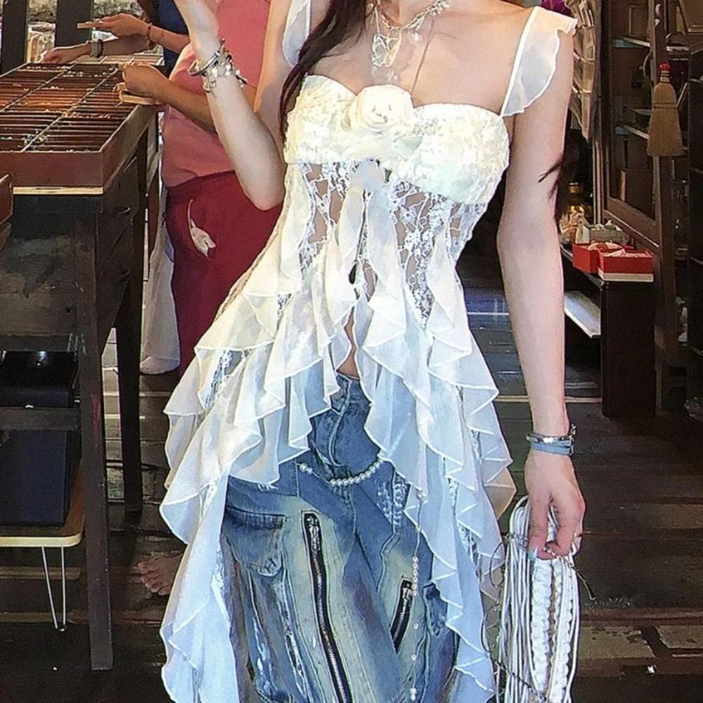 Off-shoulder Mesh Ribbon Dress Ruffled Edge Sleeveless Top Women  Streetwear