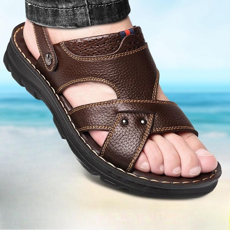 

Sandals for Men High Quality Cowhide Sandal Fashion Casual Beach Sandalias Outdoor Non-slip Flat Sandals for Men Open-toe Slides 38 коричневый