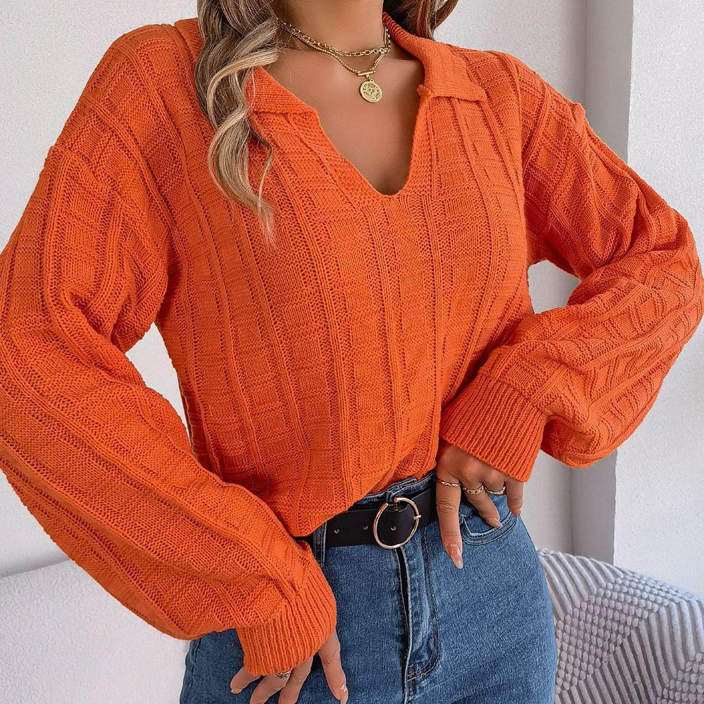 GMXIA Women's Fashion Casual Solid Color Autumn Winter Long Sleeve Lapel Loose Plaid Knit Pullover